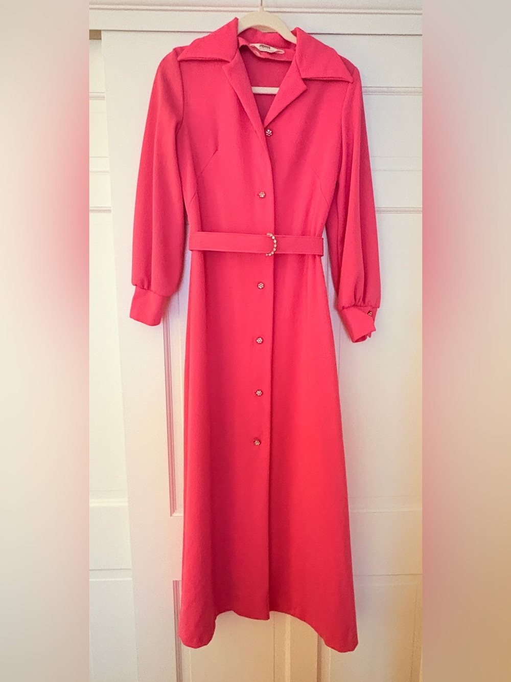 Vintage Montgomery Ward Maxi Dress Rhinestone Lucite Buttons Collared Hot Pink